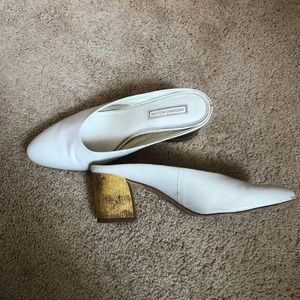 White heeled mule loafer with gold heel